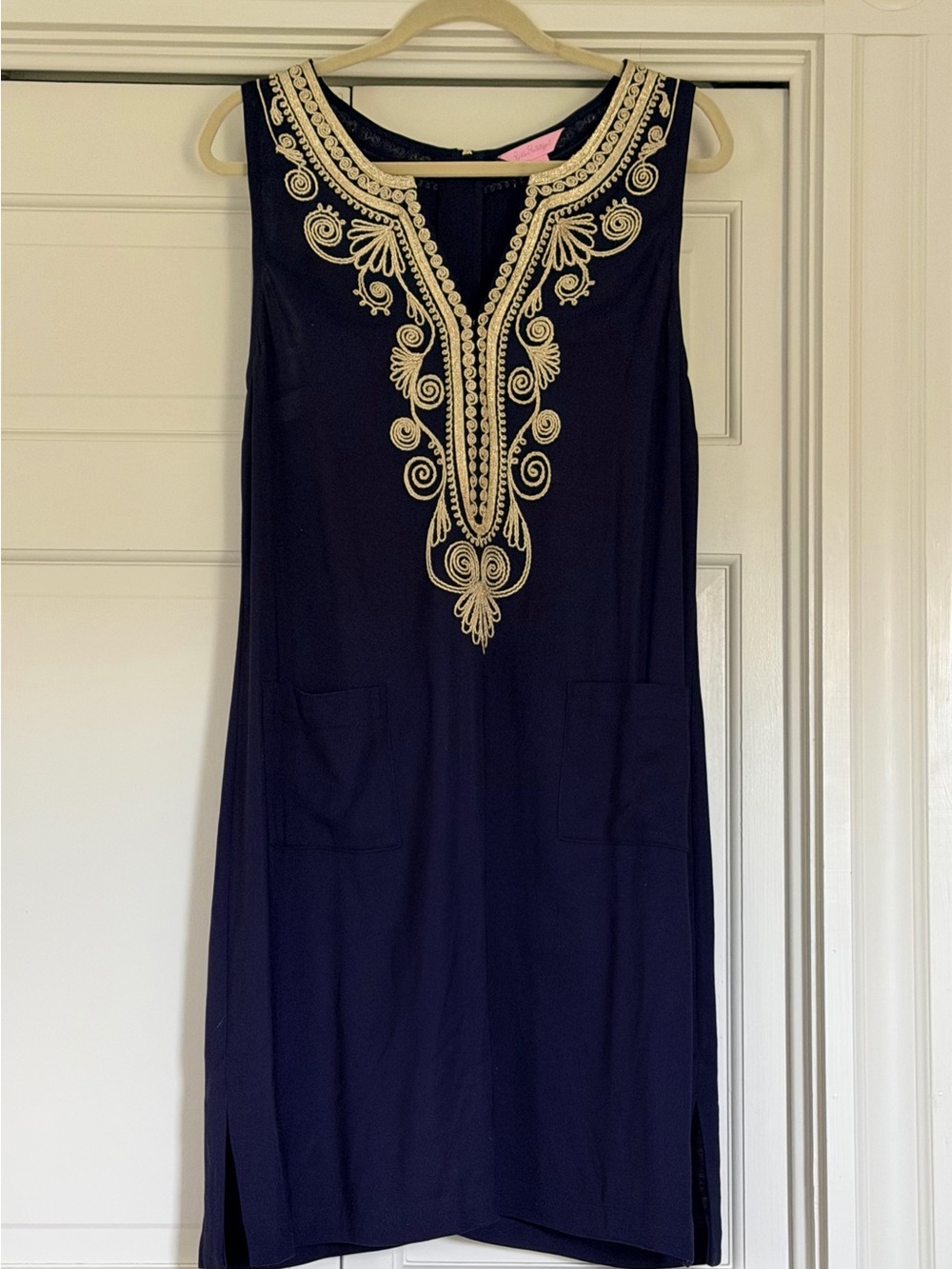 EUC Lilly Pulitzer Navy Carlotta Dress with Gold Soutache Neckline size 12